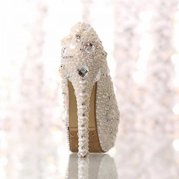 2019 new pearl rhinestone waterproof platform white bride crystal super high heel wedding shoes single shoes adult gift shoes