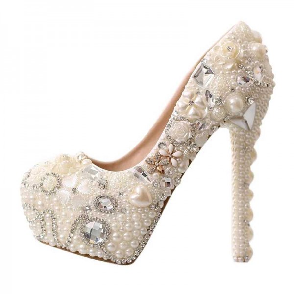 2019 new pearl rhinestone waterproof platform white bride crystal super high heel wedding shoes single shoes adult gift shoes