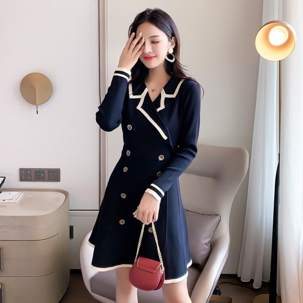 2020 Autumn Vintage Women Notched Collar Short Sleeve Knitted Sweater Mini Dress Female Double-Breasted A-line Dresses Vestidos 2020 Autumn Vintage Women Notched Collar Short Sleeve Knitted Sweater Mini Dress Female Double-Breasted A-line Dresses Vestidos