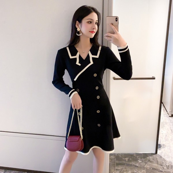 2020 Autumn Vintage Women Notched Collar Short Sleeve Knitted Sweater Mini Dress Female Double-Breasted A-line Dresses Vestidos 2020 Autumn Vintage Women Notched Collar Short Sleeve Knitted Sweater Mini Dress Female Double-Breasted A-line Dresses Vestidos
