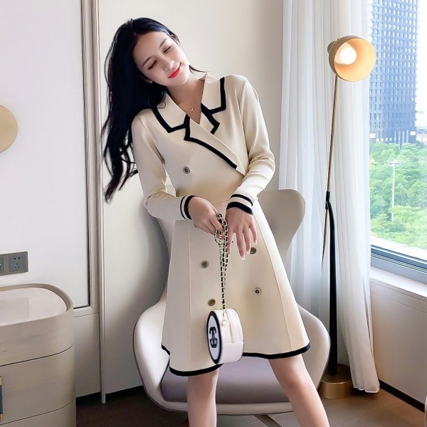 2020 Autumn Vintage Women Notched Collar Short Sleeve Knitted Sweater Mini Dress Female Double-Breasted A-line Dresses Vestidos 2020 Autumn Vintage Women Notched Collar Short Sleeve Knitted Sweater Mini Dress Female Double-Breasted A-line Dresses Vestidos