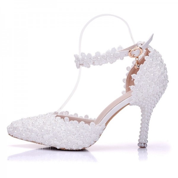 2021 spring pointed stiletto high heel bridal wedding shoes lace pearl banquet dress sandals adult gift large size women's shoes