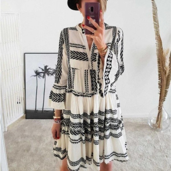 Autumn Women Dresses Summer Casual Loose Long Sleeve Ruffle V Neck Striped Print Bohemain Beach Party Mini Dress Femme Vestidos Autumn Women Dresses Summer Casual Loose Long Sleeve Ruffle V Neck Striped Print Bohemain Beach Party Mini Dress Femme Vestidos