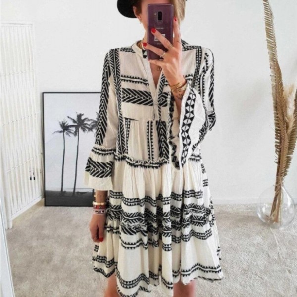 Autumn Women Dresses Summer Casual Loose Long Sleeve Ruffle V Neck Striped Print Bohemain Beach Party Mini Dress Femme Vestidos