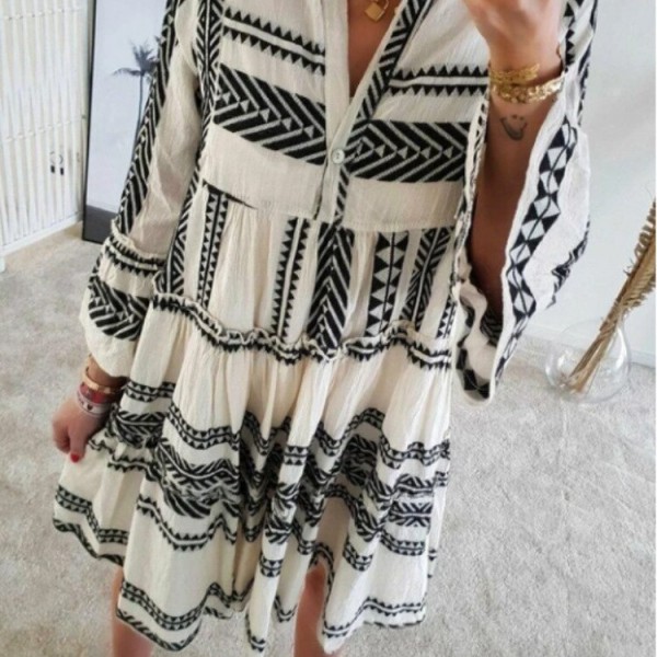 Autumn Women Dresses Summer Casual Loose Long Sleeve Ruffle V Neck Striped Print Bohemain Beach Party Mini Dress Femme Vestidos