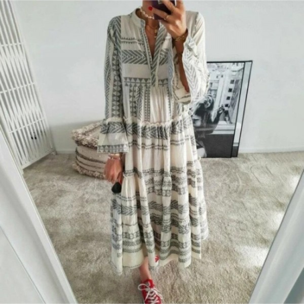 Autumn Women Dresses Summer Casual Loose Ruffle Long Sleeve V Neck Striped Print Bohemain Beach Long Maxi Dresses Femme Vestidos