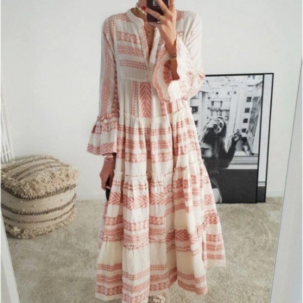 Autumn Women Dresses Summer Casual Loose Ruffle Long Sleeve V Neck Striped Print Bohemain Beach Long Maxi Dresses Femme Vestidos Autumn Women Dresses Summer Casual Loose Ruffle Long Sleeve V Neck Striped Print Bohemain Beach Long Maxi Dresses Femme Vestidos