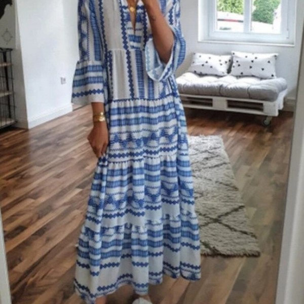 Autumn Women Dresses Summer Casual Loose Ruffle Long Sleeve V Neck Striped Print Bohemain Beach Long Maxi Dresses Femme Vestidos Autumn Women Dresses Summer Casual Loose Ruffle Long Sleeve V Neck Striped Print Bohemain Beach Long Maxi Dresses Femme Vestidos