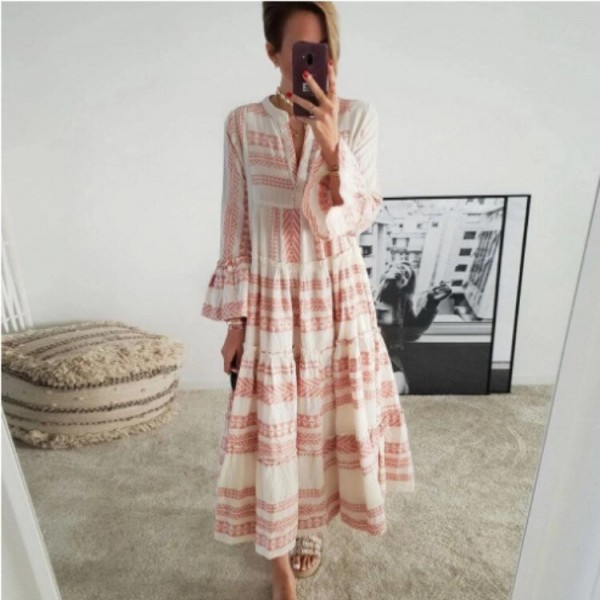 Autumn Women Dresses Summer Casual Loose Ruffle Long Sleeve V Neck Striped Print Bohemain Beach Long Maxi Dresses Femme Vestidos