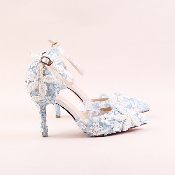 Blue lace flower bridal shoes white pearl rhinestone wedding shoes pointed stiletto super high heel dress female sandals
