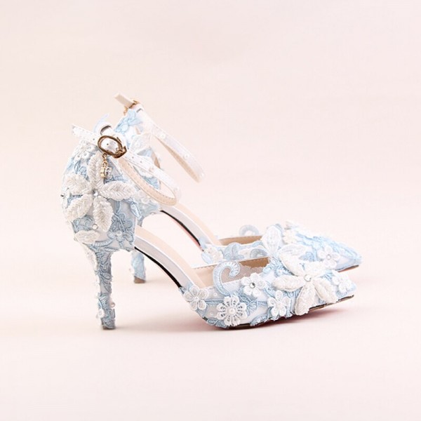 Blue lace flower bridal shoes white pearl rhinestone wedding shoes pointed stiletto super high heel dress female sandals Blue lace flower bridal shoes white pearl rhinestone wedding shoes pointed stiletto super high heel dress female sandals