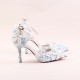 Blue lace flower bridal shoes white pearl rhinestone wedding shoes pointed stiletto super high heel dress female sandals