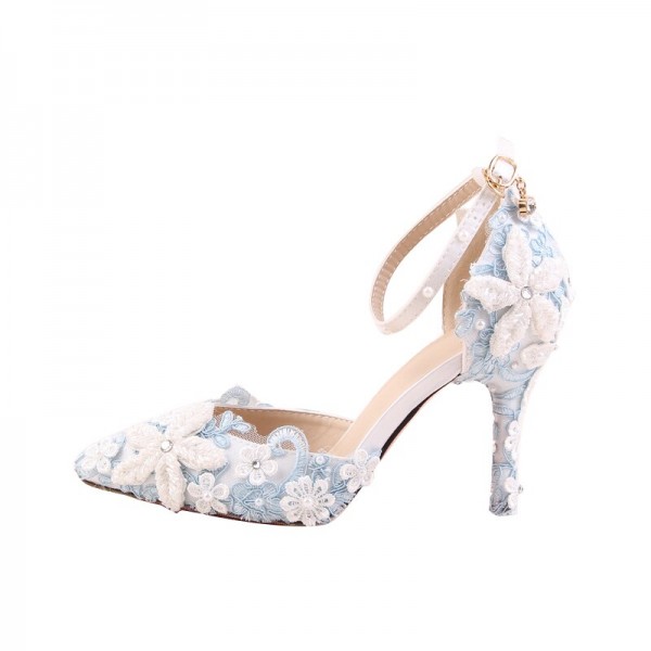 Blue lace flower bridal shoes white pearl rhinestone wedding shoes pointed stiletto super high heel dress female sandals Blue lace flower bridal shoes white pearl rhinestone wedding shoes pointed stiletto super high heel dress female sandals