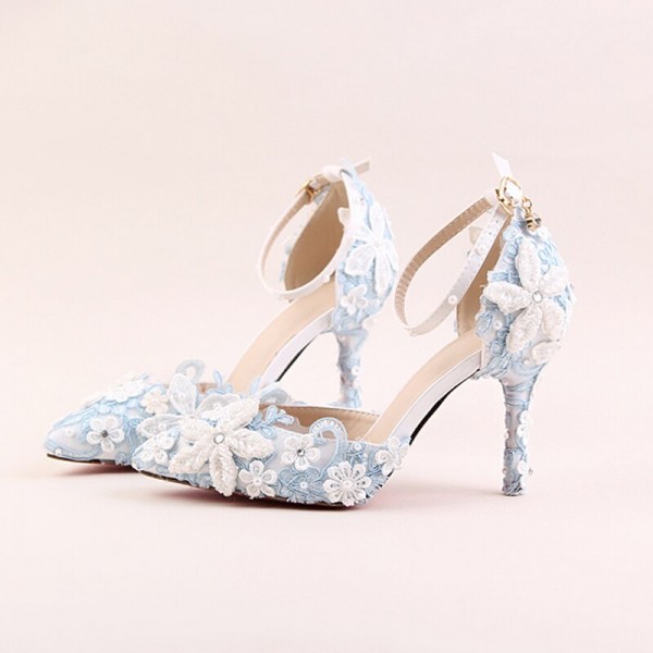 Blue lace flower bridal shoes white pearl rhinestone wedding shoes pointed stiletto super high heel dress female sandals