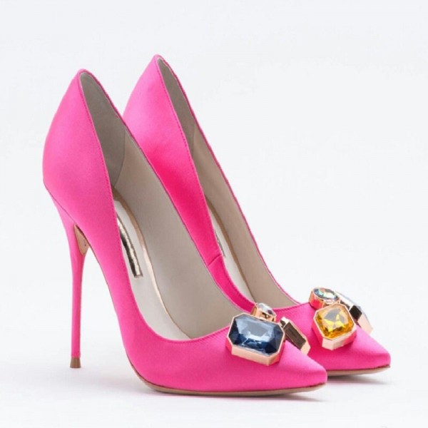 Color rhinestone square buckle satin pointed high heel stiletto sexy shallow mouth women's shoes bride wedding shoes large size Color rhinestone square buckle satin pointed high heel stiletto sexy shallow mouth women's shoes bride wedding shoes large size