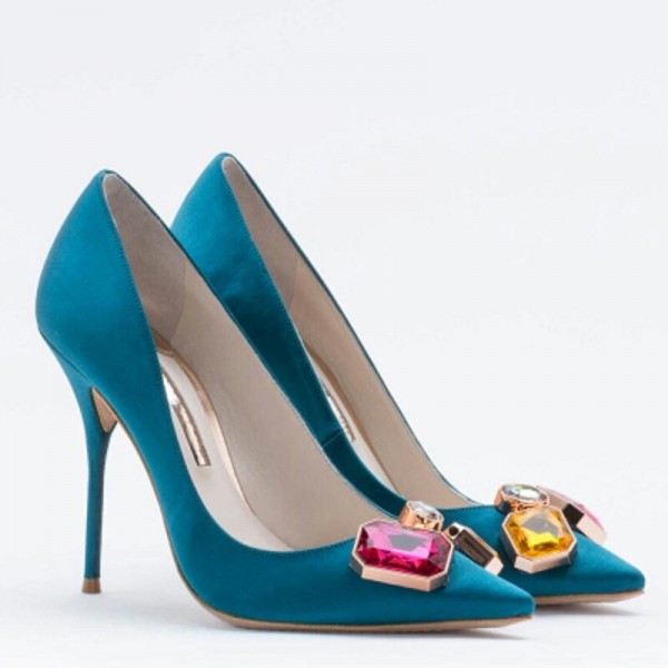 Color rhinestone square buckle satin pointed high heel stiletto sexy shallow mouth women's shoes bride wedding shoes large size Color rhinestone square buckle satin pointed high heel stiletto sexy shallow mouth women's shoes bride wedding shoes large size