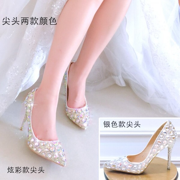 Crystal wedding shoes 2019 new female bottom high heels rhinestone fine with shallow mouth pointed bridal shoes large size