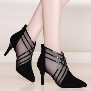 Fashion Mesh Cross Striped Lace Women Ladies Casual Pointed High Heels Pumps Women Sandals Shoes
