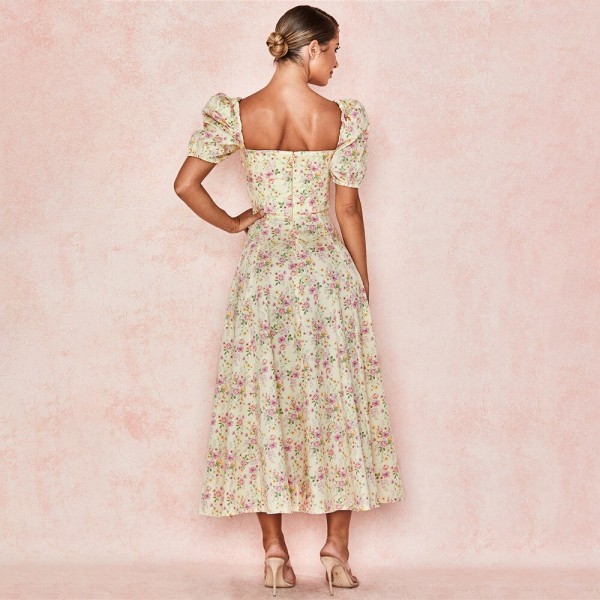 Justchicc Elegant Square Collar Summer Holiday Dresses Casual Ruffles Beach Women Vintage Boho Dress Robe Femme Dresses Vestidos