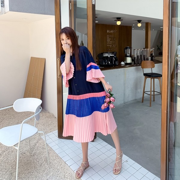 Korean Style Summer Woman Dress Loose Pleated Color Blocking Swing Casual A-Line Shirt dresses for women vestido de mujer Korean Style Summer Woman Dress Loose Pleated Color Blocking Swing Casual A-Line Shirt dresses for women vestido de mujer