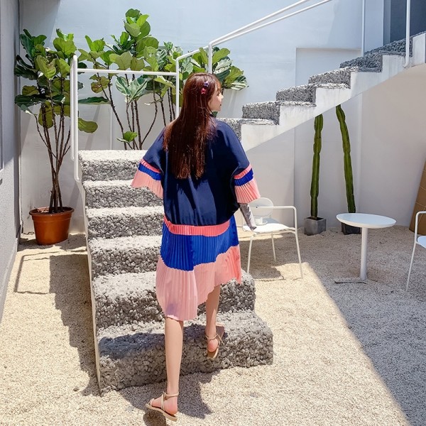 Korean Style Summer Woman Dress Loose Pleated Color Blocking Swing Casual A-Line Shirt dresses for women vestido de mujer Korean Style Summer Woman Dress Loose Pleated Color Blocking Swing Casual A-Line Shirt dresses for women vestido de mujer