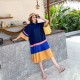 Korean Style Summer Woman Dress Loose Pleated Color Blocking Swing Casual A-Line Shirt dresses for women vestido de mujer