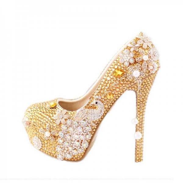 New gold rhinestone flower bridal shoes phoenix pearl tassel pendant single shoes super high heel waterproof platform shoes New gold rhinestone flower bridal shoes phoenix pearl tassel pendant single shoes super high heel waterproof platform shoes