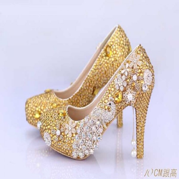 New gold rhinestone flower bridal shoes phoenix pearl tassel pendant single shoes super high heel waterproof platform shoes New gold rhinestone flower bridal shoes phoenix pearl tassel pendant single shoes super high heel waterproof platform shoes