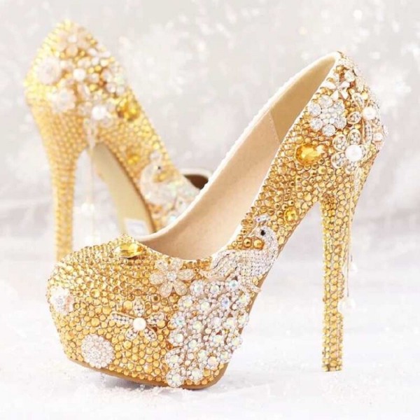 New gold rhinestone flower bridal shoes phoenix pearl tassel pendant single shoes super high heel waterproof platform shoes New gold rhinestone flower bridal shoes phoenix pearl tassel pendant single shoes super high heel waterproof platform shoes