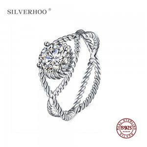 SILVERHOO 925 Sterling Silver Cross Curve Inlaid Stone Rings Jewelry Vintage Wedding Rings For Women Birthday Stone Gifts
