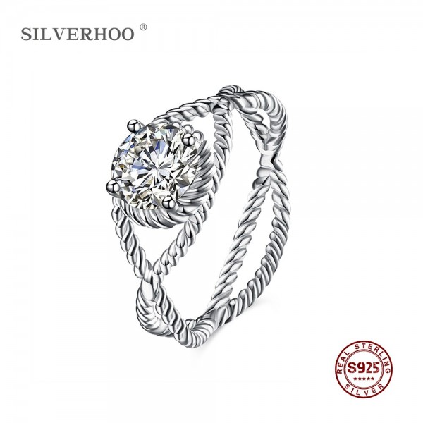SILVERHOO 925 Sterling Silver Cross Curve Inlaid Stone Rings Jewelry Vintage Wedding Rings For Women Birthday Stone Gifts