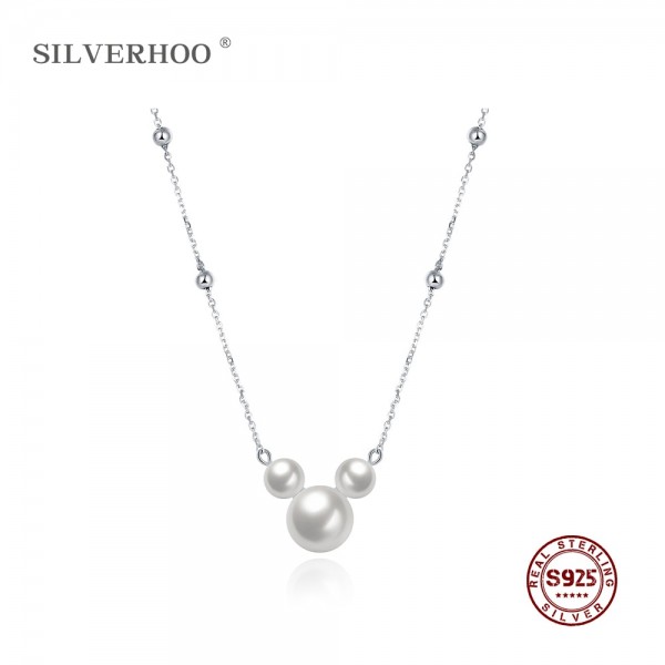 SILVERHOO 925 Sterling Silver Necklaces Women's Three Pearl Pendant  Wedding Lovely Mickey Shape Necklace