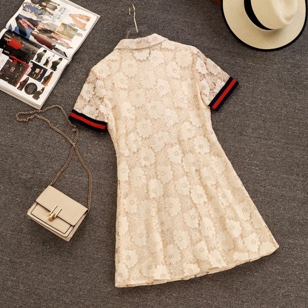 Summer Lace Hollow Out Dress Runway Women Brooch Short Sleeve Bodycon Party Dress Fashion Pearl Buttons Single Breasted Dress