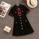 Summer Lace Hollow Out Dress Runway Women Brooch Short Sleeve Bodycon Party Dress Fashion Pearl Buttons Single Breasted Dress