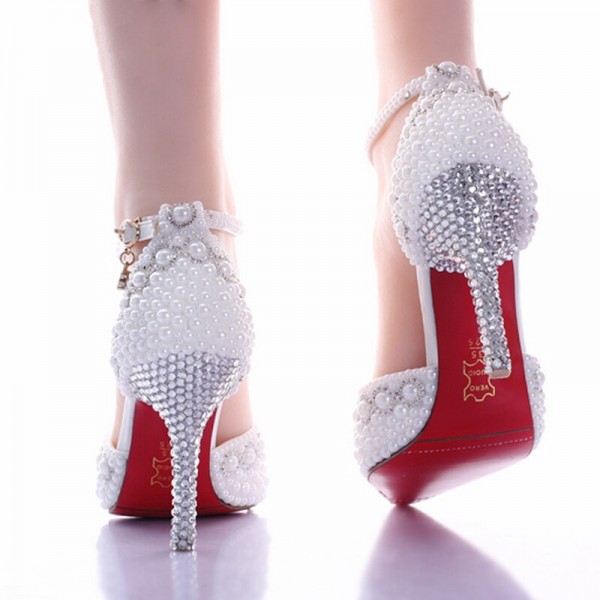 Summer new white pearl rhinestone wedding shoes super high heel stiletto wedding shoes pointed toe bride female sandals