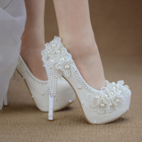 Wedding shoes white wedding dress princess lace photo high heels female rhinestones tassels with large size single shoes