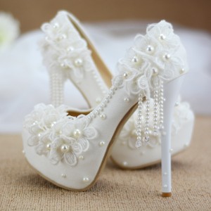 Wedding shoes white wedding dress princess lace photo high heels female rhinestones tassels with large size single shoes