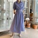 Women Short Sleeve Turn-down Collar A-line Pleated Dress 2020 Autumn Korean Striped Fashion Long Dresses Casual Female Vestidos